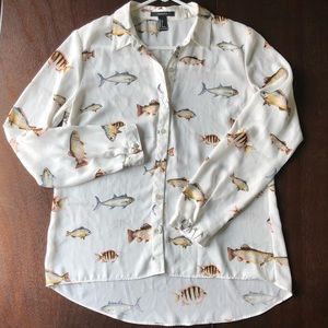 Forever21 Long Sleeve Button Down Shirt Fish Print